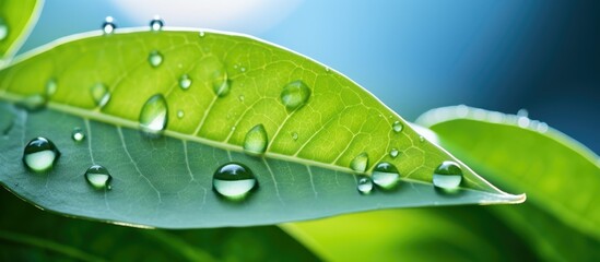 Poster - A close up of a green leaf covered in glistening water drops, showcasing the beauty of natures moisture on a terrestrial plant