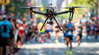 A marathon where runners are tracked by drones using semiconductor-based sensors and CPUs for real-time location updates, showcasing technology's role in enhancing sport safety and engagement