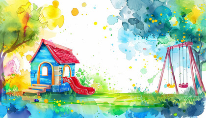 Wall Mural - A watercolor painting of a playground with a wooden playhouse and a swing set