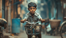 A Young Boy Is Riding A Bicycle In A Crowded Street