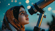 A young girl is looking through a telescope at the stars