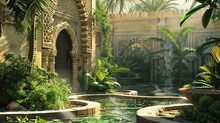 Background: Serene Islamic Garden Featuring Lush Vegetation, Flowing Water, And Architectural Elements