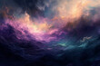 Mesmerizing abstract background with swirling colors of purple, blue, and gold, resembling a cosmic phenomenon or a vibrant nebula. Concept of inspirational posters, space-themed designs, artistic
