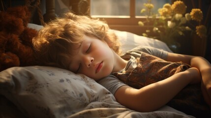 Wall Mural - A young child is sleeping on a bed with a stuffed animal nearby