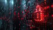 Abstract digital security concept with red glowing padlock icon on dark binary code background