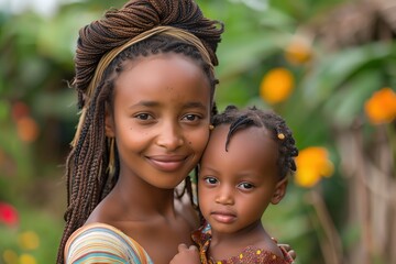 African mother holding her baby in arms with love and care, mom and son or daughter closeup portrait, happy cheerful tender moment, Generative Ai