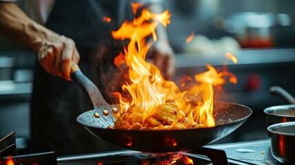 Wall Mural - Chefs preparing meals in close-up using fire