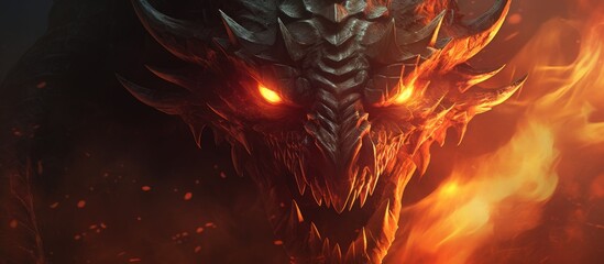 Poster - A stunning CG artwork depicting a closeup of a dragons head with flames shooting out of its eyes, creating a fiery and intense image in the dark landscape