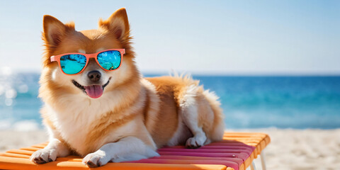 A Spitz dog sunbathes in sunglasses on the beach. A dog on vacat