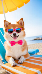 A Spitz dog sunbathes in sunglasses on the beach. A dog on vacat