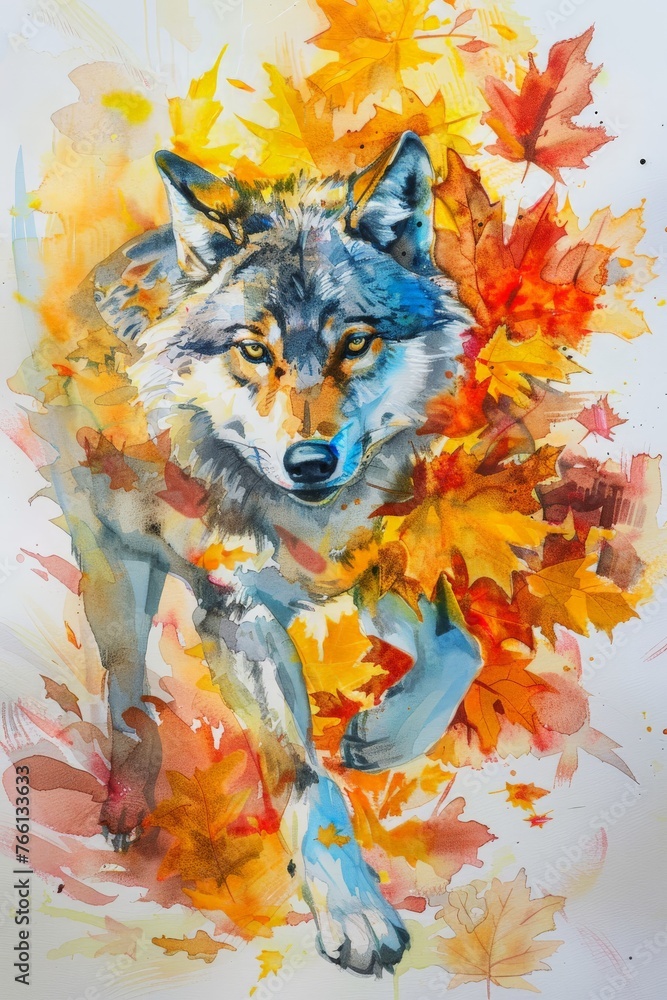 Watercolor painting of a wolf in the autumn forest. Wolves behave like ...