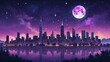 Purple theme city skyline with starry night sky kids illustration concept background quirky from Generative AI