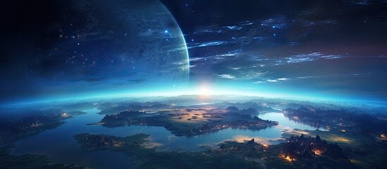 Wall Mural - A stunning aerial view of Earth from space with a majestic planet in the background, showcasing clouds, atmosphere, water, sky, natural landscapes, and a vibrant rainbow