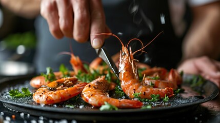 Wall Mural - The chef is preparing shrimp and greens along with other ingredients for a delectable meal.