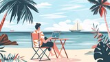 Fototapeta Krajobraz - A person sits under palm trees working on a laptop at a beach, portraying remote work, freedom, and lifestyle.