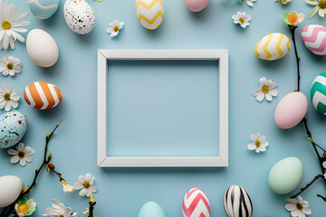 Wall Mural - Happy Easter background with message, frame, and Easter eggs scene, perfect for greeting card or invitation.