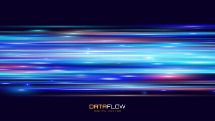 Wall Mural - Digital Data Flow Vector Background. Big Data Technology Lines. 5G Wireless Data Transmission. High Speed of Light Trails. Information Flow in Virtual Reality Cyberspace. Vector Illustration.