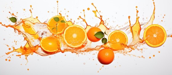 Wall Mural - A vibrant display of citrus fruits including Valencia oranges, Clementines, Tangerines, and Rangpurs, with a splash of orange juice on a white background