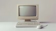 Old classic vintage 90s computer monitor with keyboard and mouse isolated in white background.