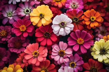 Wall Mural - colorful zinnia and cosmos flowers in various colors, including reds, pinks, purples, yellows, orang