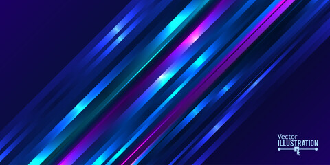 Poster - Abstract Futuristic Background with Blue Glowing Light Effects. Diagonal Speed Color Lines Vector Illustration. Fast Motion Glow Effect.