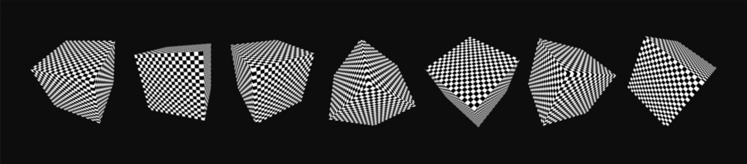 Leinwandbilder - Abstract Graphic Design 3D Cubes with Checkered Texture. Abstract Chess Boxes. Trendy Y2K Geometric Shapes Set. Brutalist Design Elements. Vector Illustration.