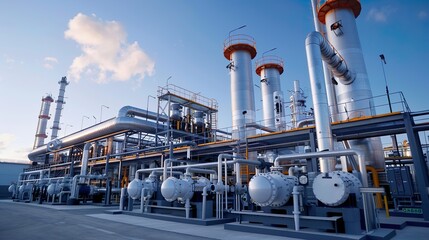 A contemporary gas processing plant with equipment and facilities, ideal for adding an industrial and natural gas theme to designs.