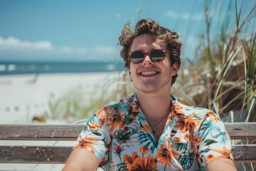 Wall Mural - A man wearing sunglasses is sitting on a wooden bench