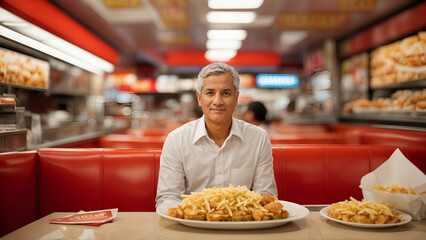 Wall Mural - grandfather sit by the table at the fast food restaurant