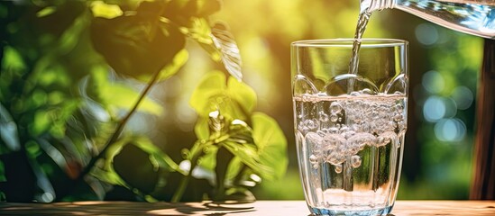 Wall Mural - A glass of water is being poured into a glass on a table, showcasing the interaction between drinkware and liquid in a natural landscape setting