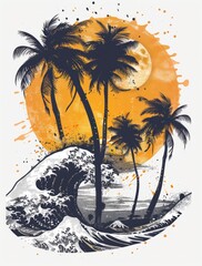 Wall Mural - A painting depicting palm trees against a crashing wave, capturing the dynamic energy of the sea meeting the shoreline