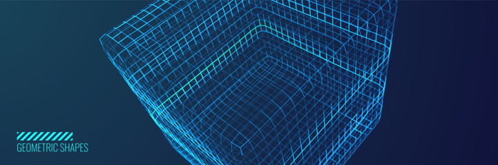 Poster - 3D Cube Banner. Object with Dots and Lines. Molecular Grid. 3D Technology Style Baner Design. Vector Illustration. Futuristic Connection Structure for Technology or Science Concept.