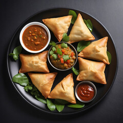 Indian samosas png on a black plate, delicious vegetarian samosa with dipping sauce isolated on transparent background, traditional food colourful background