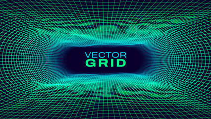 Fototapete - Synthwave Grid Tunnel. Grid Frame Retrowave Party Flyer Background. Round Tunnel Mesh Backdrop. Abstract Digital Background. Vintage Computer Virtual Reality VR Tunnel Technology Vector Illustration.
