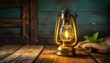 Vintage Illumination: Antique Kerosene Lamp on Rustic Wooden Table