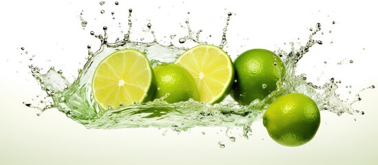 Wall Mural - Citrus fruits like limes and sweet lemons are floating in a refreshing pool of liquid water. The citric acid from the lemon peel blends perfectly with the drink