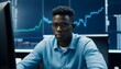 Workplace of trader. Young african bright face trader wearing eyeglasses using his laptop while sitting in office in front of computer screens with trading charts and financial data