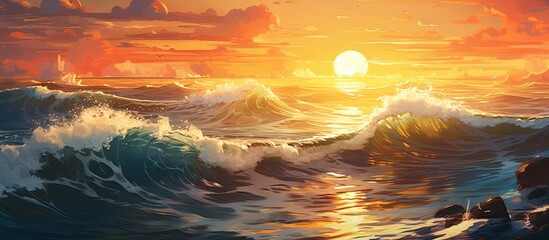 Sticker - An art piece capturing the atmosphere of dusk with cumulus clouds, waves crashing on rocks, and a fiery sunset over the ocean horizon