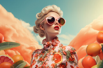 Wall Mural - pretty young woman in sunglasses with grapefruits ,who enjoying summer on sky background