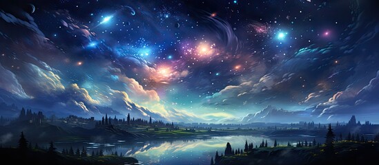 Wall Mural - dark background of a night sky adorned with twinkling stars and distant planets, creating a mesmeriz