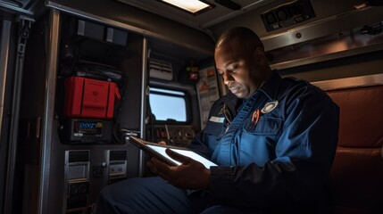 Canvas Print - A man in a blue uniform is sitting in an ambulance and looking at a tablet