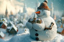 A Snowman Stands In The Snow, Holding A Sleigh In His Hands, A Giant Snowman Holding A Tiny City In His Hands, AI Generated
