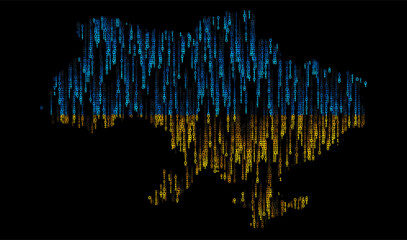 Fototapete - Ukraine Digital Map Dots Particles. Vector Map Background. 3D Flag of Ukraine made of Falling Binary Digits. Digital Flag of Ukraine. Digital Hackers War Concept. Vector Illustration.