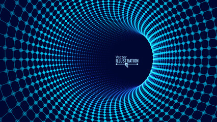 Fototapete - Blue Digital Tunnel or Wormhole. Wireframe Abstract Mesh with Hole. 3D Tunnel Grid Mesh. Blue Hi Tech Texture. Technology or Science Vector Illustation.