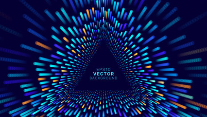 Poster - Triangle Frame Border Blue Lights DJ Party Flyer Background. Triangle Tunnel Big Data Backdrop Data Flow Particles Moving with Trails. Vector Illustration.