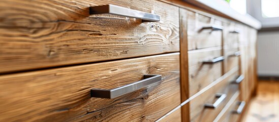 Canvas Print - A row of hardwood drawers with metal handles, stained in a warm tone, sits against the window in a kitchen with wooden flooring and siding