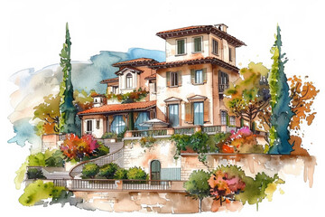 Canvas Print - Luxurious cliffside villas with Mediterranean architecture, portrayed in a vibrant watercolor illustration, suitable for travel and tourism marketing materials with space for text