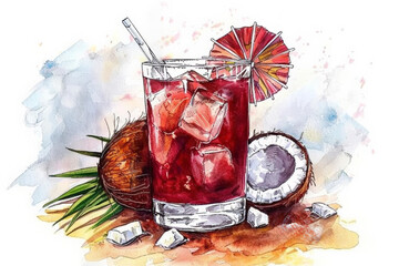 Canvas Print - Watercolor illustration of fresh coconuts with a tropical iced coconut drink, perfect for summer concepts, with copy space for text on the right