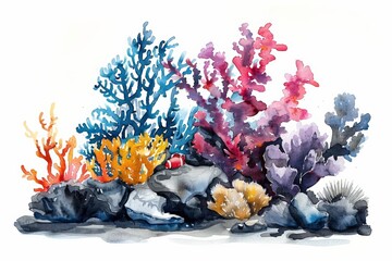 Wall Mural - Watercolor illustration of a vibrant and diverse coral reef ecosystem, with room for text at the bottom, ideal for educational and environmental themes