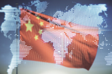 Wall Mural - multi exposure of abstract creative digital world map hologram on chinese flag and blue sky backgrou